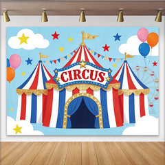 Lofaris Glitzernder Zirkus-Geburtstagshintergrund rot-weiß-blau für Kinderparty, festliche Fotokulisse mit Riesenrad für Fotoshootings