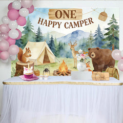 Lofaris Erster Geburtstag Campinghintergrund mit Waldtieren und Zelt, Aquarell Fotowand für Kinderparty und Fotoshooting