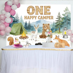 Lofaris Erster Geburtstag Camping Hintergrund mit Waldtieren und Zelt, Abenteuer Kulisse für Fotoshooting und Partydekoration