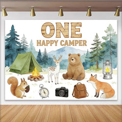 Lofaris Erster Geburtstag Camping Hintergrund mit Waldtieren und Zelt, Abenteuer Kulisse für Fotoshooting und Partydekoration
