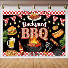 Lofaris Glitzernder Backyard BBQ Grillparty Hintergrund mit Würstchen und Burger, sommerliche Fotowand für Gartenfeste