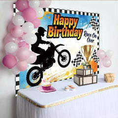 Lofaris Dynamischer Motocross-Geburtstagshintergrund für Jungen mit Rennflaggen, Partykulisse mit Trophäe und Farbspritzern für Fotoshootings