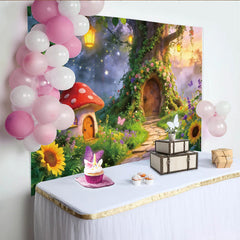 Lofaris Märchenwald Fotohintergrund mit Pilzhaus und Laternen, bunte Kulisse für Kindergeburtstage und Fotoshootings