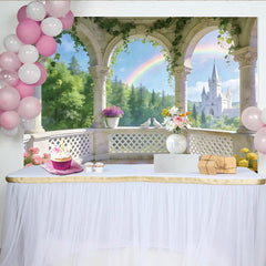 Lofaris Märchenschloss-Balkon Fotohintergrund mit Regenbogen und Tauben, romantische Kulisse für Hochzeits- und Porträtfotografie