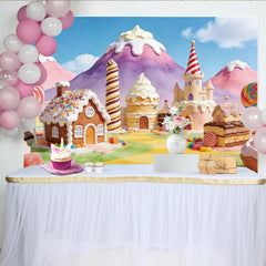 Lofaris Bunter Süßigkeitenland Fotohintergrund mit Lebkuchenhaus, märchenhafte Kulisse für Kinderpartys und professionelle Fotoshootings