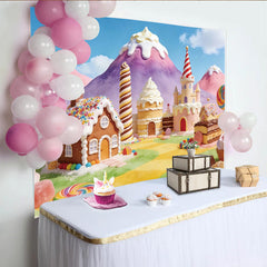 Lofaris Bunter Süßigkeitenland Fotohintergrund mit Lebkuchenhaus, märchenhafte Kulisse für Kinderpartys und professionelle Fotoshootings
