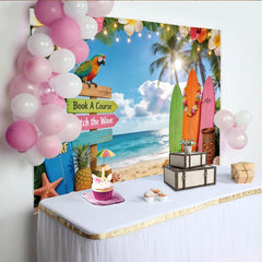 Lofaris Bunter Tropischer Strand Fotohintergrund mit Surfbrettern und Palmen, ideale Kulisse für Sommerpartys und Fotostudio