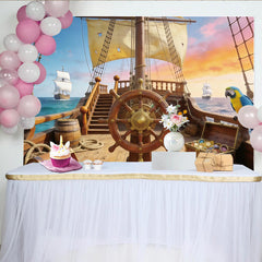 Lofaris Abenteuerlicher Piratenschiff-Fotohintergrund mit Schatzkisten und Papagei, detailreiche Kulisse für Kindergeburtstage