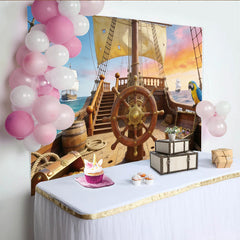 Lofaris Abenteuerlicher Piratenschiff-Fotohintergrund mit Schatzkisten und Papagei, detailreiche Kulisse für Kindergeburtstage