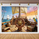 Lofaris Abenteuerlicher Piratenschiff-Fotohintergrund mit Schatzkisten und Papagei, detailreiche Kulisse für Kindergeburtstage