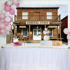 Lofaris Rustikaler Western Fotohintergrund mit Holzfassade und General Store, Vintage Kulisse für professionelle Fotoshootings