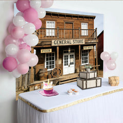 Lofaris Rustikaler Western Fotohintergrund mit Holzfassade und General Store, Vintage Kulisse für professionelle Fotoshootings