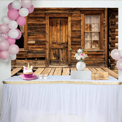 Lofaris Rustikaler Holzhaus Hintergrund mit alter Holztür und zerbrochenen Fenstern, verwitterte Fotokulisse im Vintage-Stil für Fotoshootings