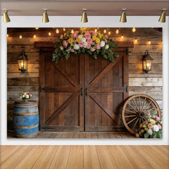 Lofaris Rustikaler Scheunentor-Hintergrund mit Blumen und Lichterketten, elegante Fotokulisse für Hochzeiten und Fotoshootings
