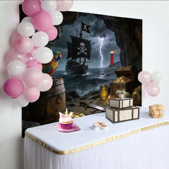 Lofaris Piraten-Fotohintergrund mit Schiff Schatz und Papagei, stürmische Kulisse für Abenteuer-Partys und Fotoshootings