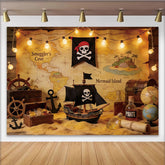 Lofaris Vintage Piraten-Abenteuer Hintergrund mit Schatzkarte und Schiff, perfekte Fotokulisse für Kindergeburtstag und Fotoshootings