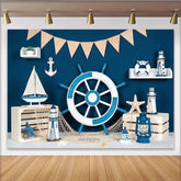 Lofaris Blau Weiß Maritim-Fotohintergrund mit Steuerrad und Anker, perfekte Kulisse für nautische Dekoration und Fotoshootings