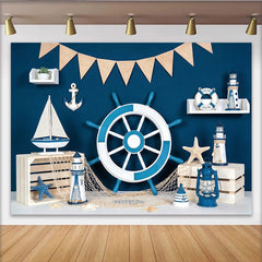Lofaris Blau Weiß Maritim-Fotohintergrund mit Steuerrad und Anker, perfekte Kulisse für nautische Dekoration und Fotoshootings