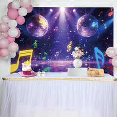 Lofaris Leuchtender Disco Musik Fotohintergrund mit bunten Noten und Sternen, schillernde Party Kulisse für Events und Fotoshootings