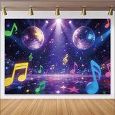 Lofaris Leuchtender Disco Musik Fotohintergrund mit bunten Noten und Sternen, schillernde Party Kulisse für Events und Fotoshootings