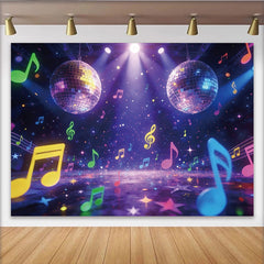 Lofaris Leuchtender Disco Musik Fotohintergrund mit bunten Noten und Sternen, schillernde Party Kulisse für Events und Fotoshootings