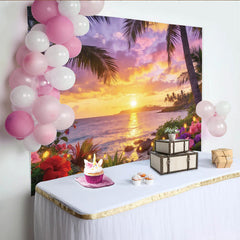 Lofaris Tropischer Strandsonnenuntergang Hintergrund mit Palmen und Blumen, farbenfrohe Kulisse für Sommerparty und Fotoshooting