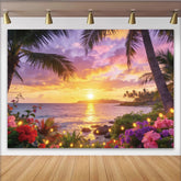 Lofaris Tropischer Strandsonnenuntergang Hintergrund mit Palmen und Blumen, farbenfrohe Kulisse für Sommerparty und Fotoshooting