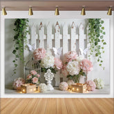 Lofaris Weißer Gartenzaun Blumen Fotohintergrund mit rosa Pfingstrosen, elegante Kulisse für Frühlingsfotoshootings und Dekoration