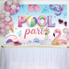 Lofaris Bunter Poolparty-Fotohintergrund mit Flamingo und Eiscreme, fröhliche Sommerkulisse für Feste und Fotoshootings