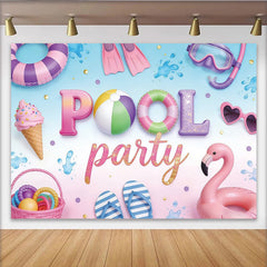 Lofaris Bunter Poolparty-Fotohintergrund mit Flamingo und Eiscreme, fröhliche Sommerkulisse für Feste und Fotoshootings