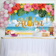 Lofaris Glitzernder Aloha Strand Fotohintergrund mit Ananas und Flamingos, tropische Party Kulisse für Sommerurlaub und Fotoshooting