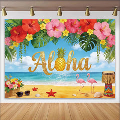 Lofaris Glitzernder Aloha Strand Fotohintergrund mit Ananas und Flamingos, tropische Party Kulisse für Sommerurlaub und Fotoshooting