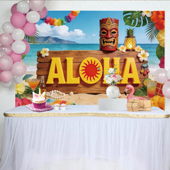 Lofaris ALOHA Hawaii-Hintergrund mit Tiki-Maske und tropischen Blumen, sommerliche Strandkulisse für Luau Party Fotografie