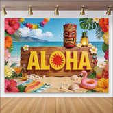Lofaris ALOHA Hawaii-Hintergrund mit Tiki-Maske und tropischen Blumen, sommerliche Strandkulisse für Luau Party Fotografie
