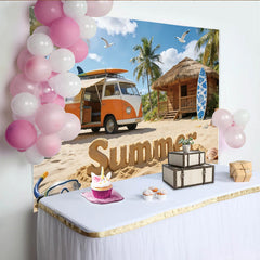 Lofaris Orange Vintage VW Bus Sommerstrand Fotohintergrund mit Palmen und Meer, ideale Kulisse für Urlaubsbilder und Fotoshootings