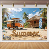 Lofaris Orange Vintage VW Bus Sommerstrand Fotohintergrund mit Palmen und Meer, ideale Kulisse für Urlaubsbilder und Fotoshootings