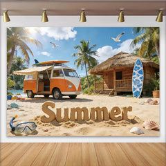 Lofaris Orange Vintage VW Bus Sommerstrand Fotohintergrund mit Palmen und Meer, ideale Kulisse für Urlaubsbilder und Fotoshootings