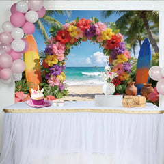 Lofaris Bunter tropischer Strand Fotohintergrund mit Palmen und Hibiskusblüten, lebendige Kulisse für Sommerpartys und Fotoshootings