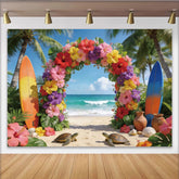 Lofaris Bunter tropischer Strand Fotohintergrund mit Palmen und Hibiskusblüten, lebendige Kulisse für Sommerpartys und Fotoshootings