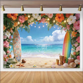 Lofaris Lebhafter tropischer Strand Fotohintergrund mit Surfbrettern und Blumen, ideale Kulisse für Sommerpartys und Urlaubsfotos