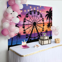 Lofaris Leuchtender Sommerabend-Fotohintergrund mit Riesenrad und Palmen, farbenfrohe Strandparty Kulisse für Sommerfest Dekoration
