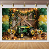 Lofaris Grüner Traktor Geburtstagshintergrund mit Sonnenblumen und Luftballons, rustikale Bauernhof Partydekoration für Kinder Fotoshooting