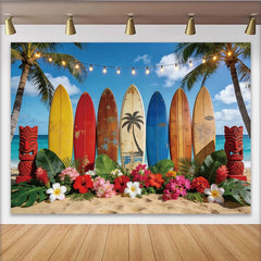 Lofaris Tropischer Strand Fotohintergrund mit Surfbrettern und Palmen, sommerliche Kulisse für Porträts und professionelle Fotoshootings