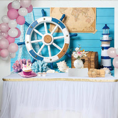 Lofaris Blauer Maritim Fotohintergrund mit Steuerrad und Leuchtturm, perfekte Kulisse für Fotoshooting und Partydekoration