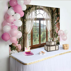 Lofaris Romantischer Blumenfenster Fotohintergrund mit zarten Vorhängen, elegante Kulisse für Hochzeiten und Fotos