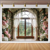 Lofaris Romantischer Blumenfenster Fotohintergrund mit zarten Vorhängen, elegante Kulisse für Hochzeiten und Fotos