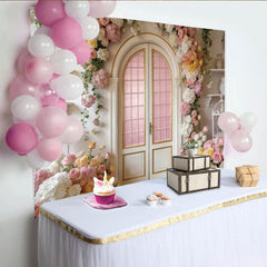 Lofaris Romantischer rosa Blumentür-Fotohintergrund mit Rosen und Hortensien, elegante Kulisse für Hochzeiten und professionelle Fotoshootings
