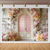 Lofaris Romantischer rosa Blumentür-Fotohintergrund mit Rosen und Hortensien, elegante Kulisse für Hochzeiten und professionelle Fotoshootings