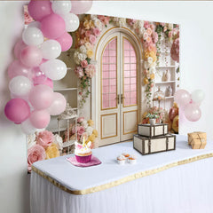 Lofaris Romantischer Blumenbogen Fotohintergrund mit rosa und weißen Rosen, elegante Kulisse für Fotoshootings und Eventdekoration