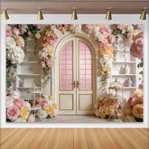 Lofaris Romantischer Blumenbogen Fotohintergrund mit rosa und weißen Rosen, elegante Kulisse für Fotoshootings und Eventdekoration